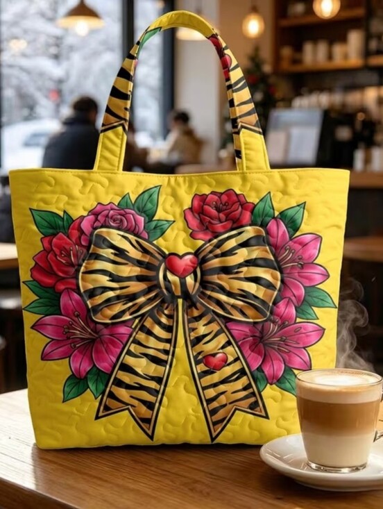 Handbags - Yellow Floral Bow Quilted Tote Bag